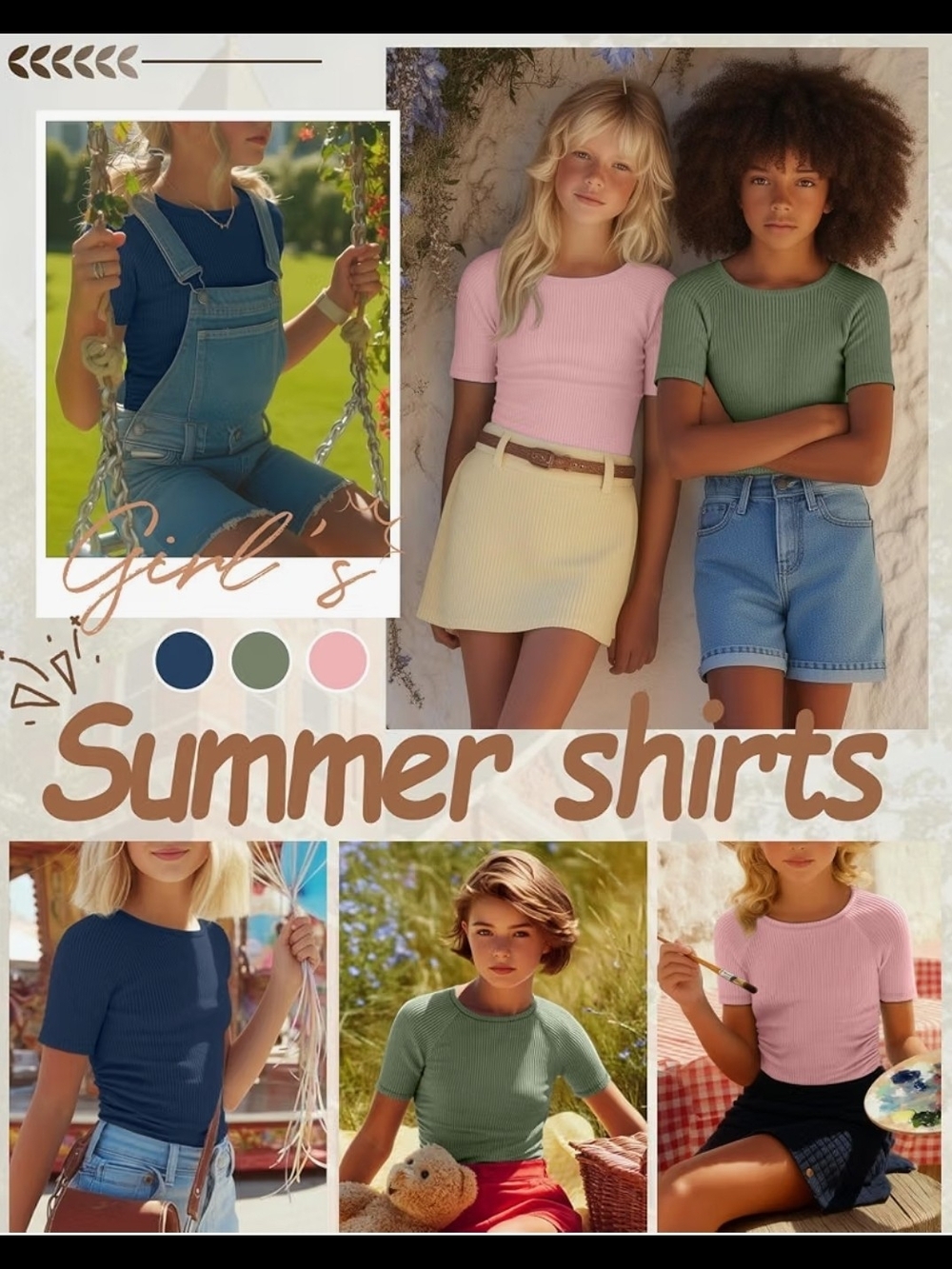 Ribbed Short Sleeve Kids Tee - Navy, Pink, Olive - Picture 3 of 5